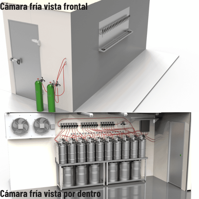 Render exterior e interior de una cámara fría con sistema de dispensado de cerveza