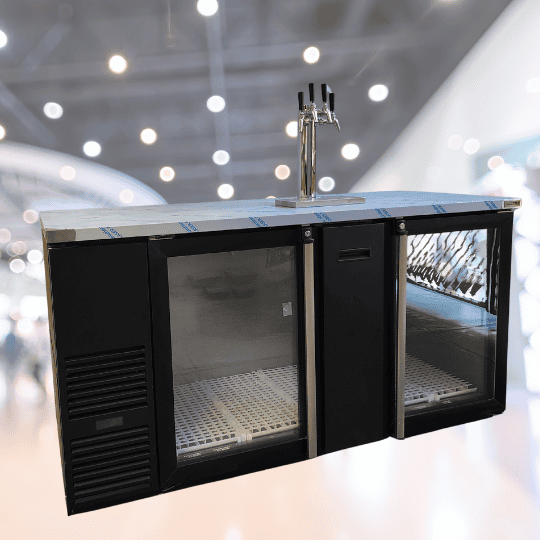 Dispensador L de 4 servicios para stand grande en expo