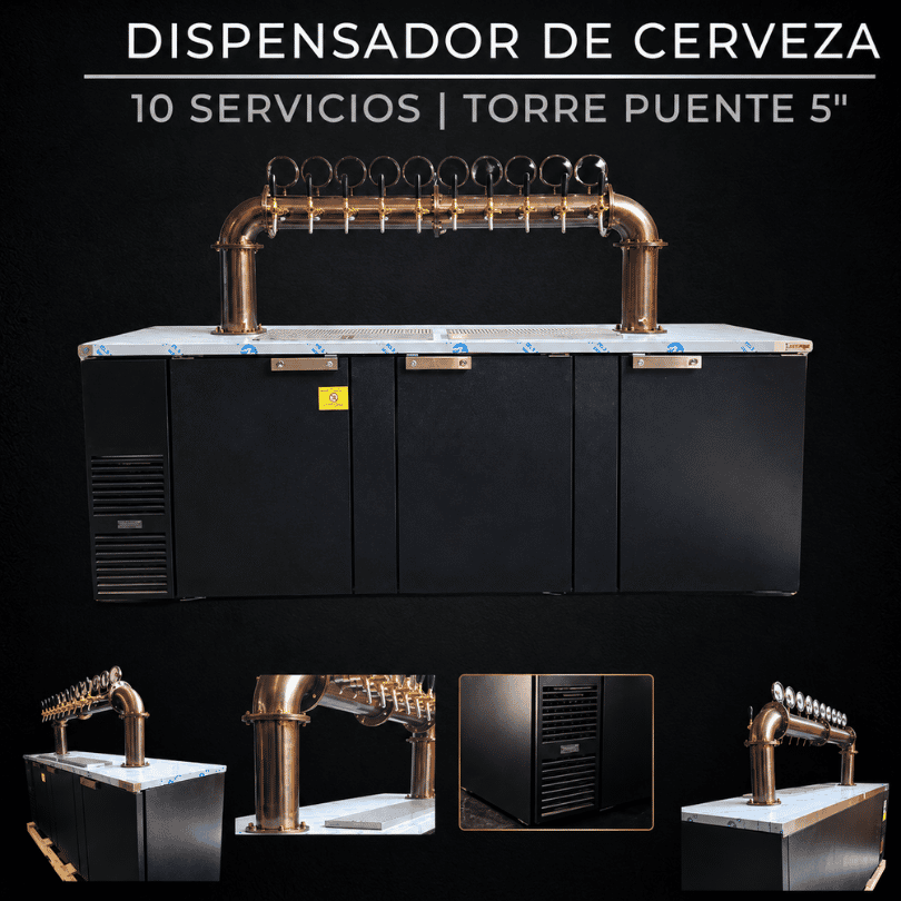 Dispensador de cerveza TBD con Torre Puente de cinco pulgadas, acabado latón y diez servicios