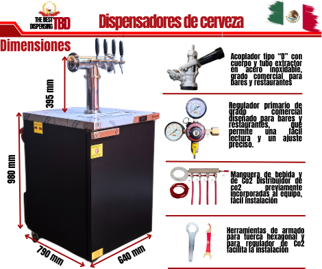 Dispensador de cerveza S4 con torre en T de acero inoxidable 4 servicios